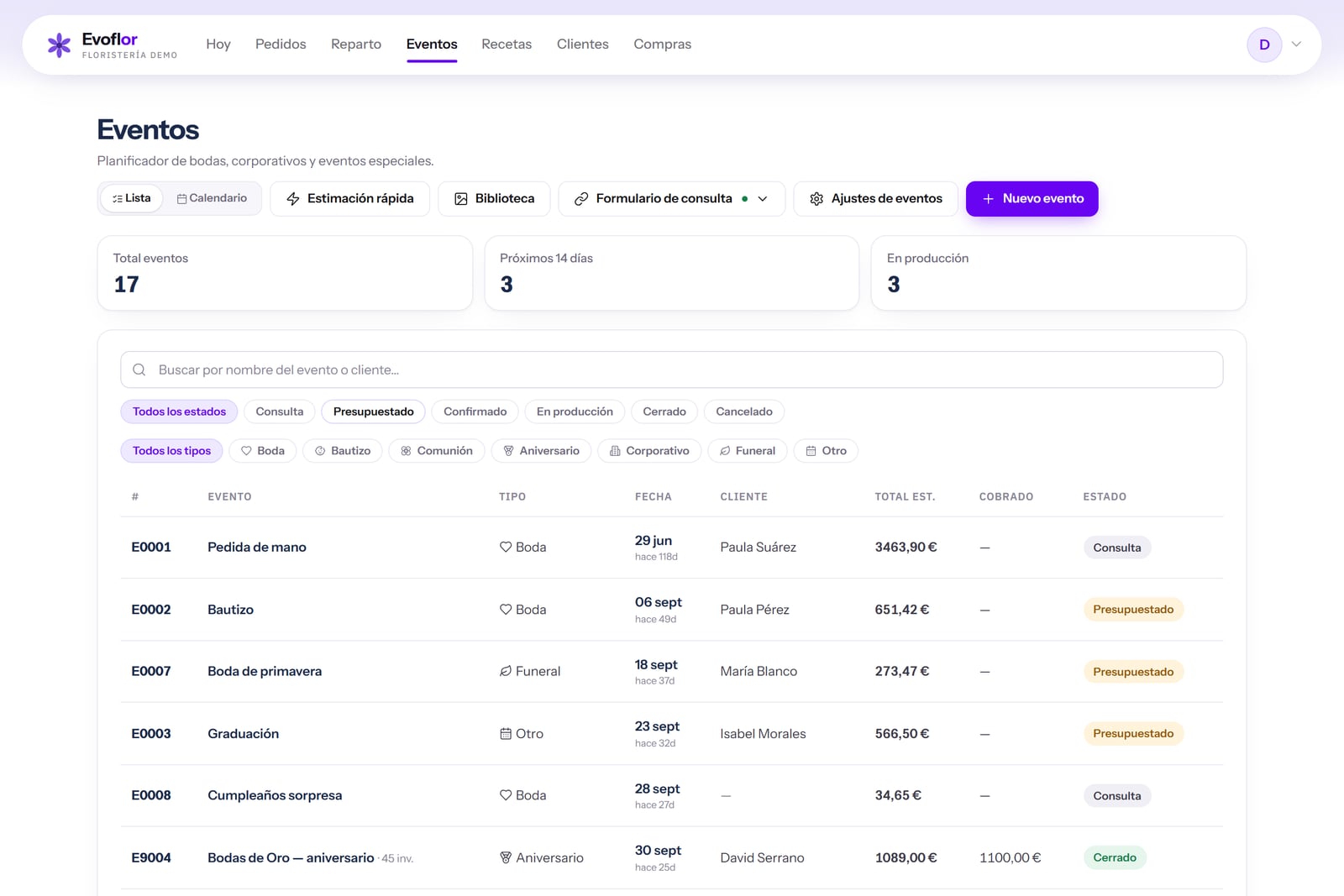 Evoflor, software for flower shops: wedding and event planner with quote and payments