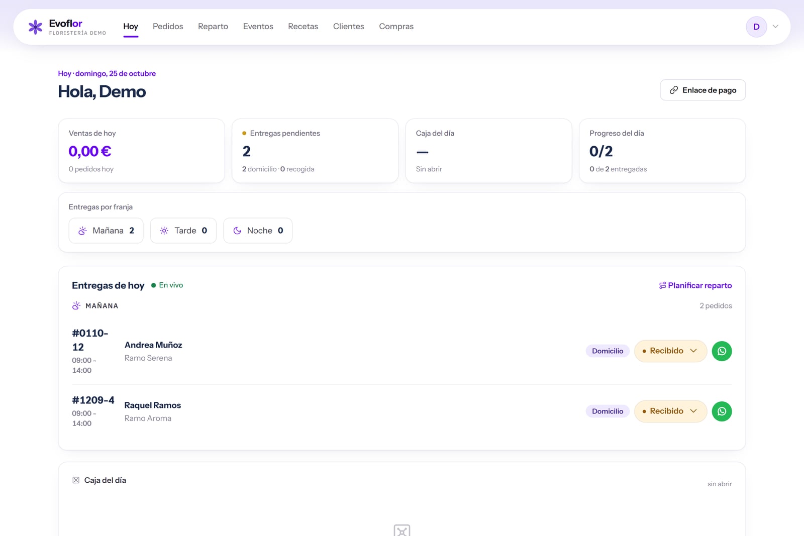 Evoflor, software for flower shops: day dashboard with sales, deliveries by time slot and till