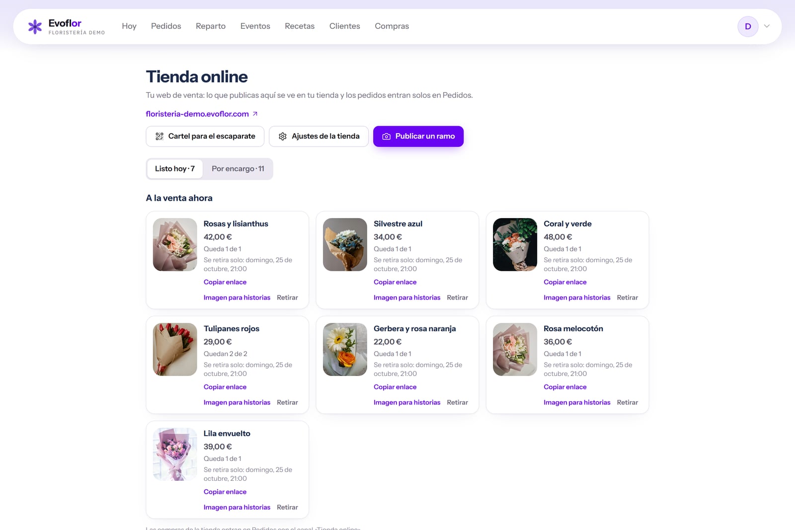 Evoflor, software for flower shops: online shop with bouquets for sale, with their price and photo