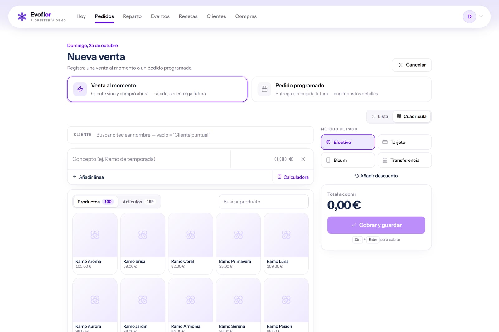 Evoflor, software for flower shops: POS with an on-the-spot sale or a scheduled order and payment